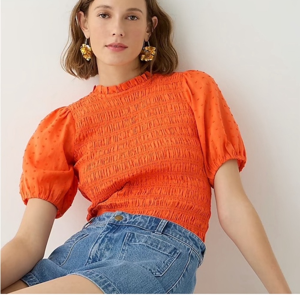 NWT J. Crew Puff-Sleeve Textured Voile
Smocked Top, Orange, sz Medium